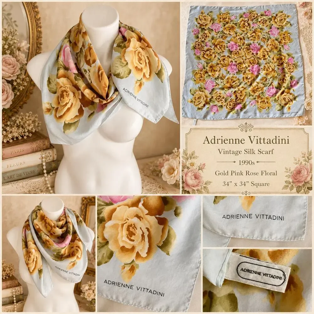 Vintage Adrienne Vittadini Silk Scarf 1990s Gold Pink Rose Floral 34 Square
